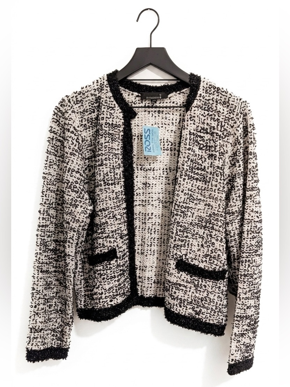 Broadway 38 Women’s Black & Cream Bouclé Open Cardigan Sweater